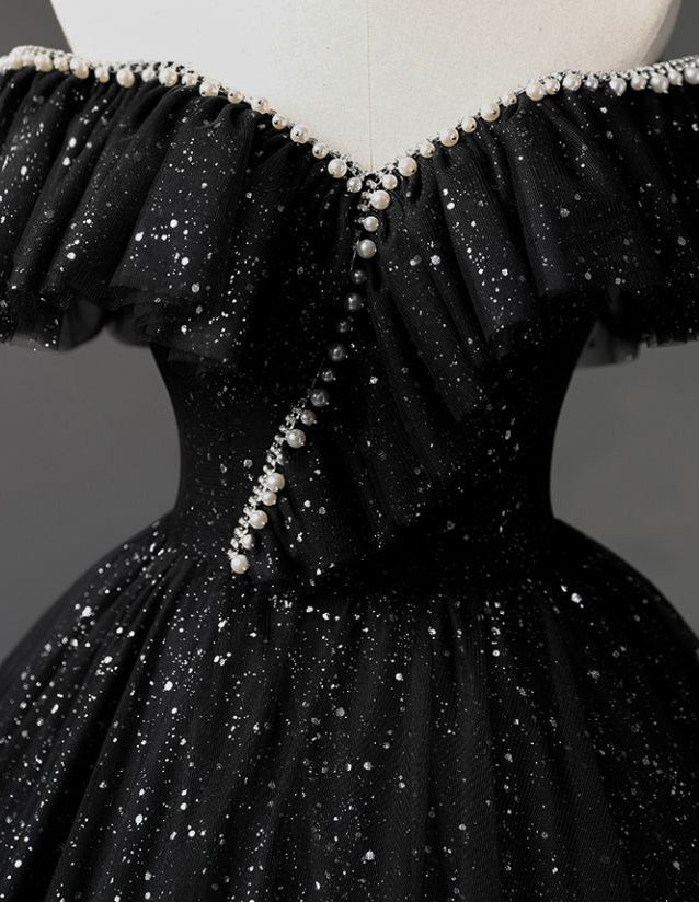 Black off the shoulder sparkle long tulle ball gown
