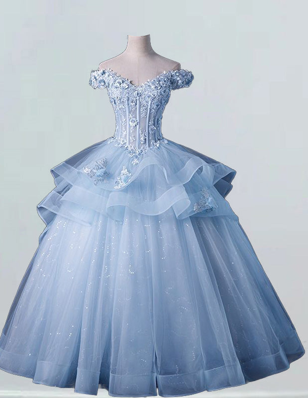 Blue off the shoulder lace applique layered a line tulle ball goen evening dress