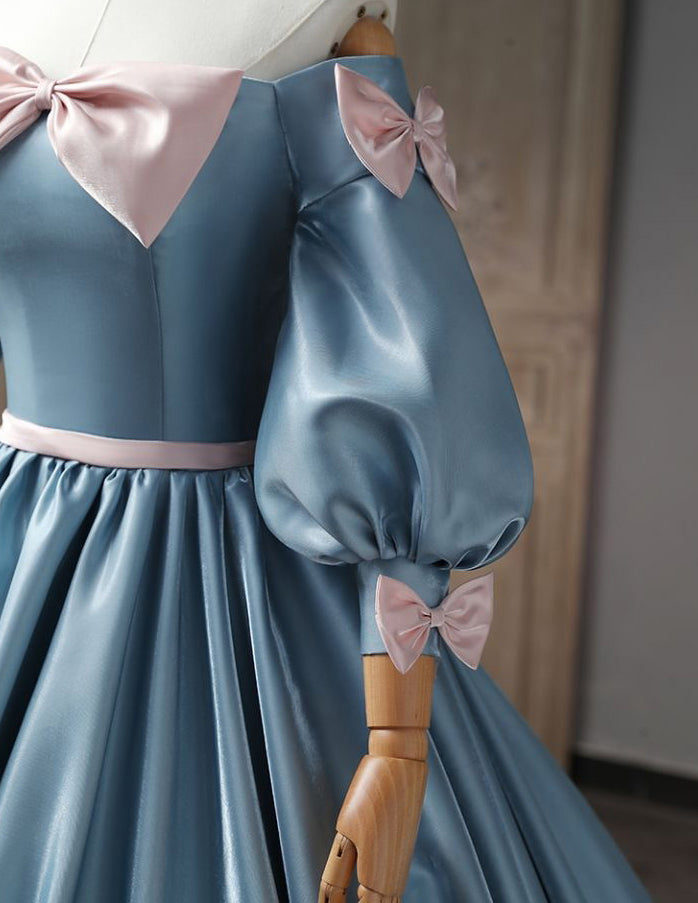 Blue off the shoulder long satin ball gown evening dress