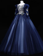 Dark navy scoop lace applique long tulle ball gown
