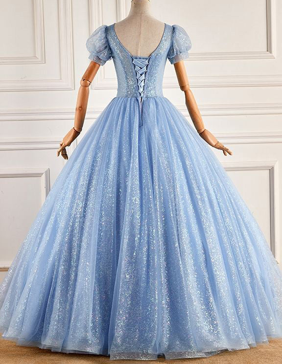 Blue v neck short sleeve long tulle ball gown evening dress