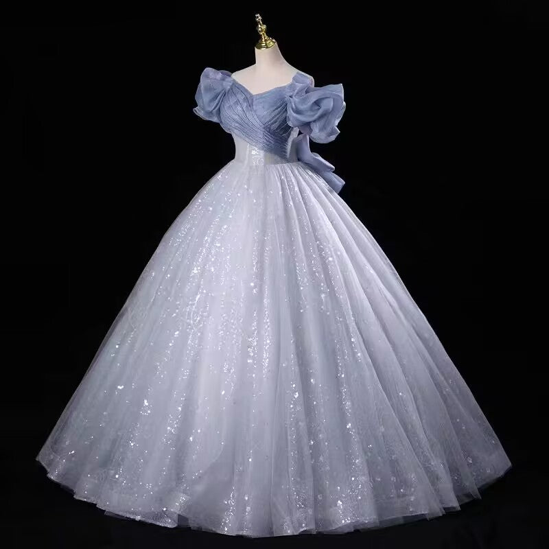 Silver grey sparkle lace tulle prom dress evening gown