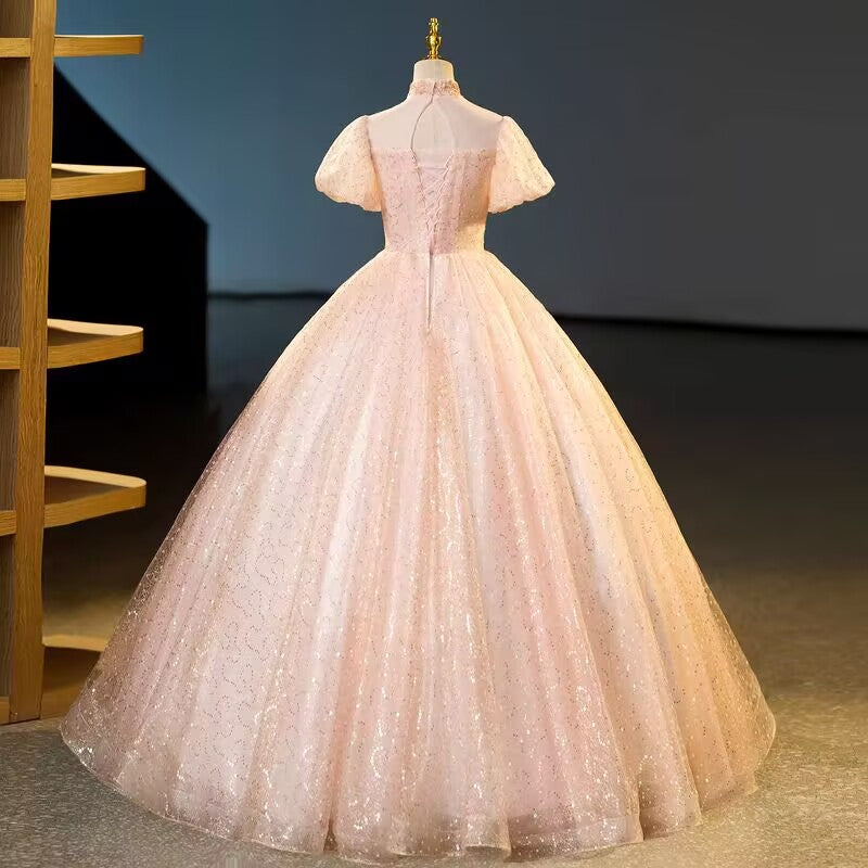 Pink lace prom dress,woman tulle long ball gown