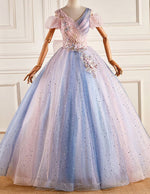 V neck pleated blue evening gown,lace applique long glitter tulle ball gown