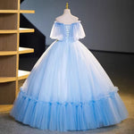 Blue off the shoulder tulle prom dress evening gown
