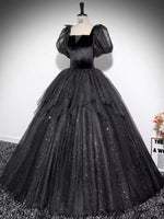 Black sparkle tulle prom gown,woman long evening gown