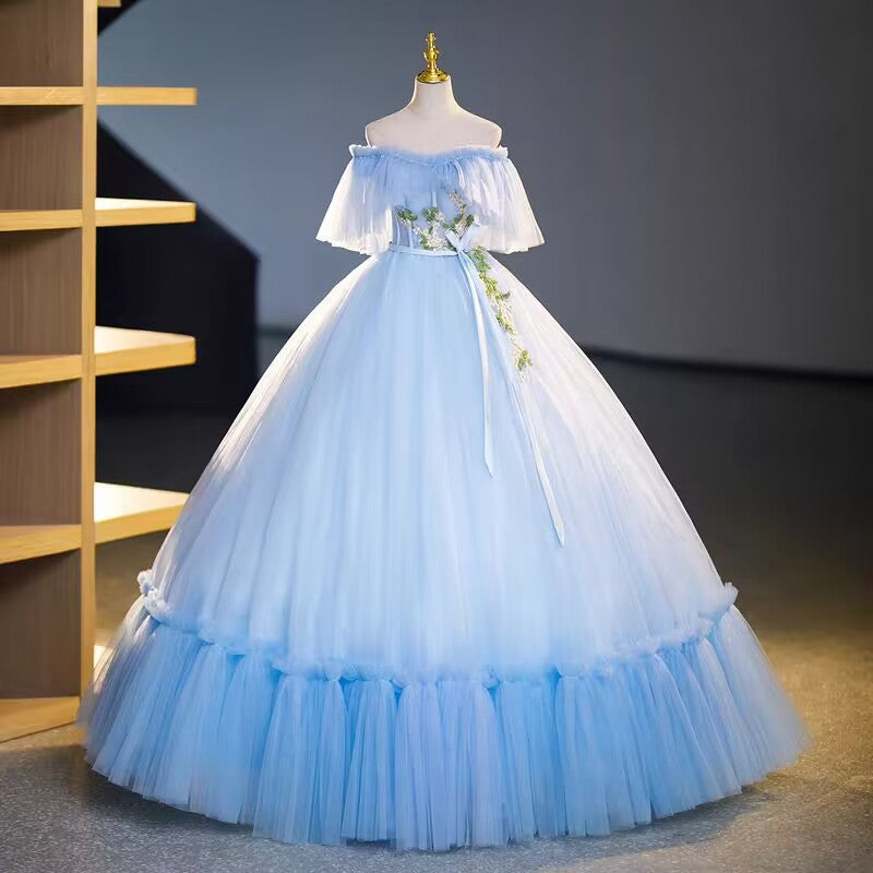 Blue off the shoulder tulle prom dress evening gown