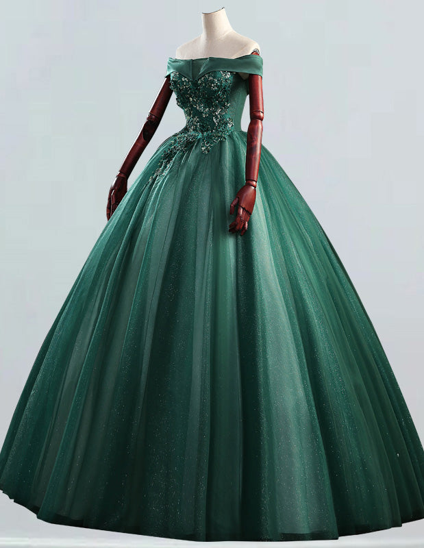 Elegant Green Tulle Off-Shoulder Ball Gown | Lace Applique Evening Dress