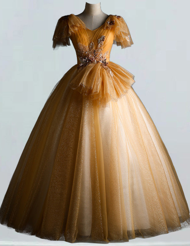 Elegant Gold V-Neck Tulle Prom & Evening Gown with Lace Applique