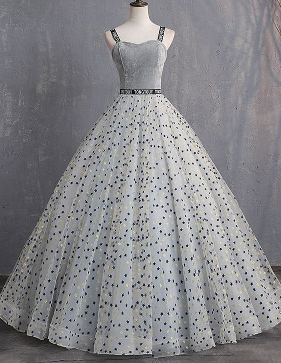 Gray straps long tulle ball gown evening dress