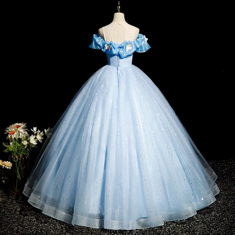 Light blue off the shoulder long princess dress ball gown