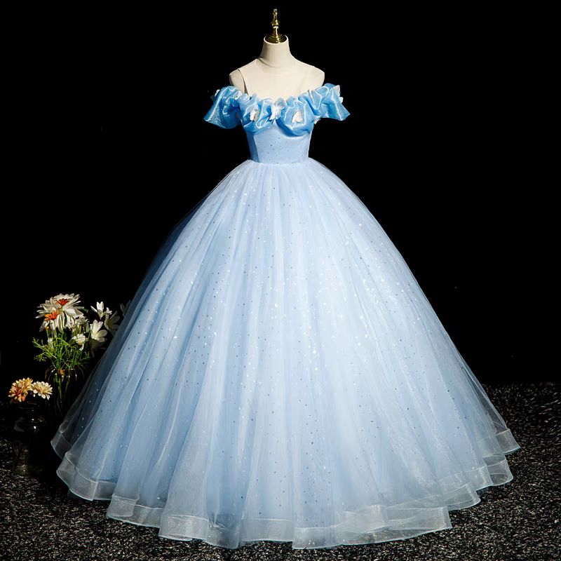 Light blue off the shoulder long princess dress ball gown