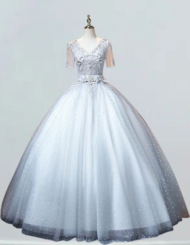 Short Sleeve Sliver Ball Gown V Neck Princess Prom Dress Applique Flower Lace Evening Dress A line Formal Party Gown