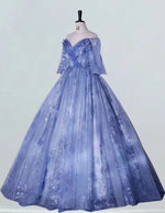 Blue off the shoulder long sleeve floor length lace ball gown quinceanera dress