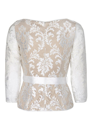 Adrianna Papell Boat Neck 3/4 Sleeve Tie Waist Floral Embroidered Mesh Top - By Baano