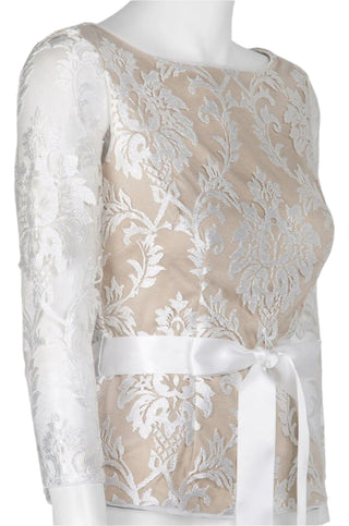 Adrianna Papell Boat Neck 3/4 Sleeve Tie Waist Floral Embroidered Mesh Top - By Baano