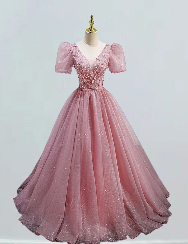 Pink V Neck Sparkle Tulle Prom Dress,Long Wedding Bridal Dress