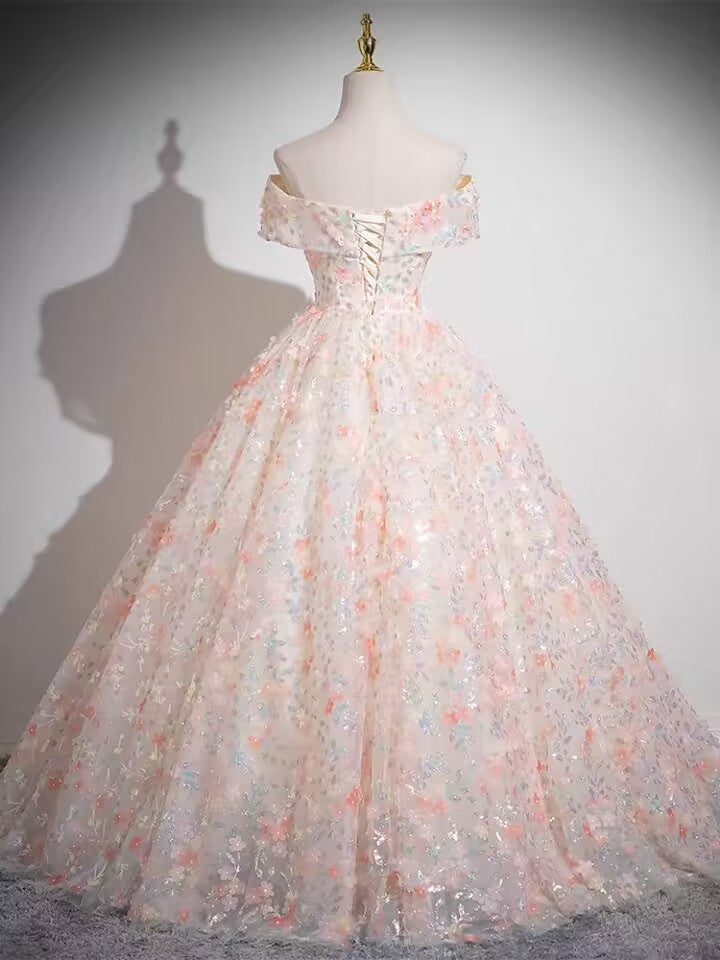 Pink floral long lace ball gown prom dress