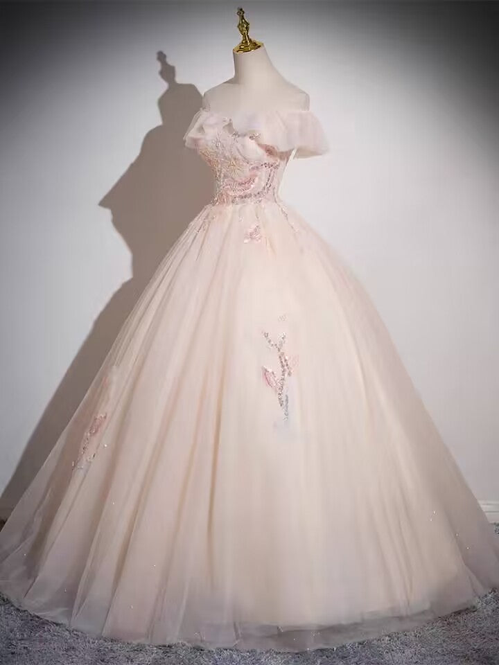 Champagne off the shoulder beaded lace tulle ball gown