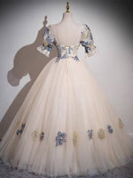 Square short sleeve long tulle ball gown evening dress