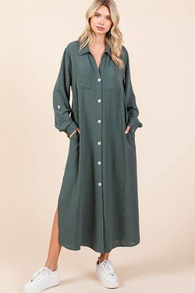 Mittoshop Airflow V-Neck Long Sleeve Button Down Maxi Dress - By Baano