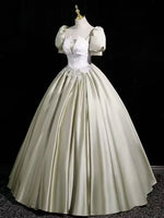 Grey green pleated long satin ball gown,lace evening dress