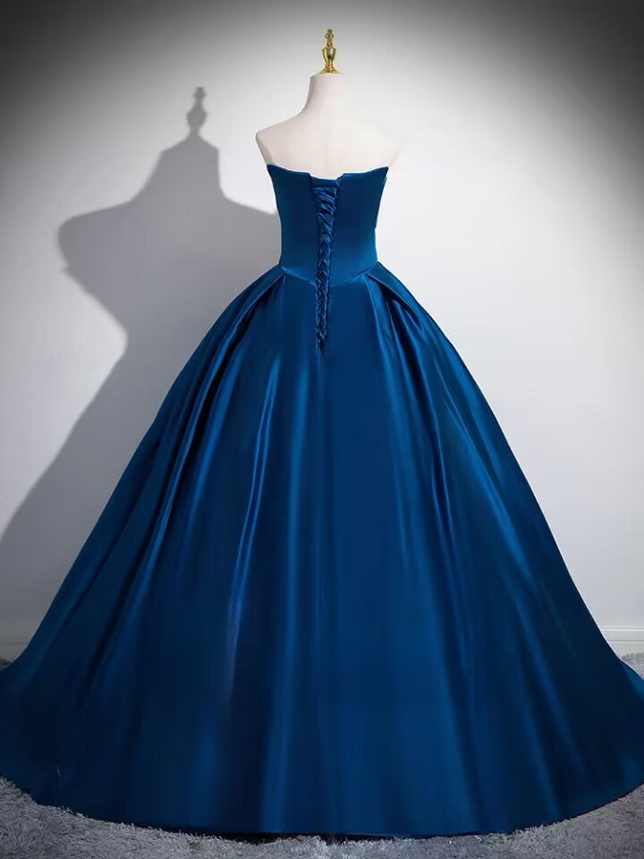 Blue strapless pleated long satin ball gown evening dress