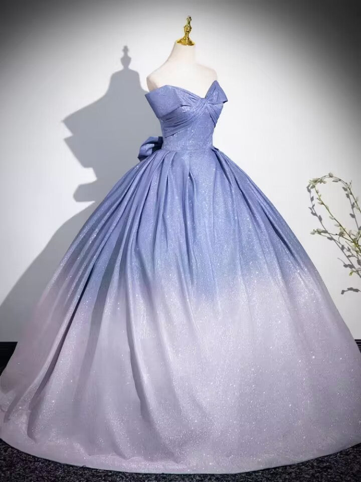 Gradient blue color pleated long ball gown prom dress