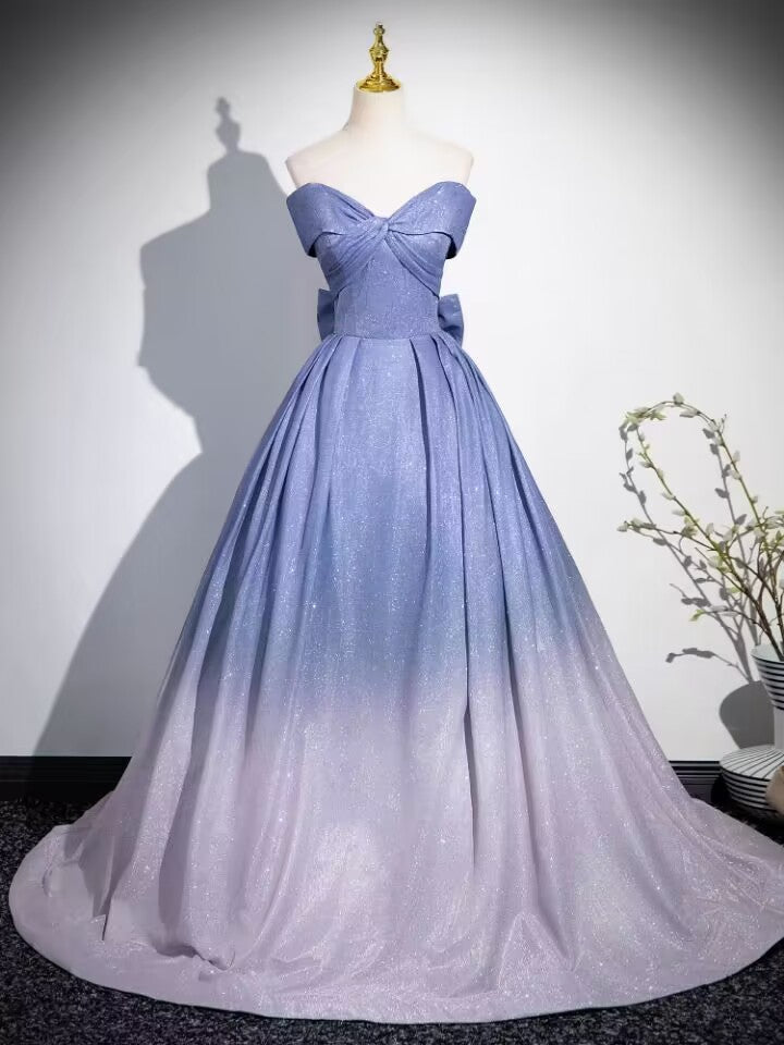 Gradient blue color pleated long ball gown prom dress