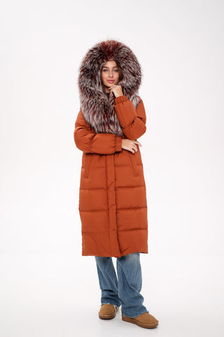 Genuine Silver Fox Fully Lined Hood Down Filled Coat - By Baano