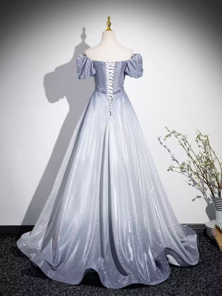 Gradual silver grey pleated long prom dress gown