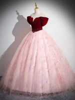 Off the shoulder pink long tulle ball gown bridal dress