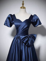 Navy blue pleated long satin ball gown prom dress