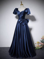 Navy blue pleated long satin ball gown prom dress