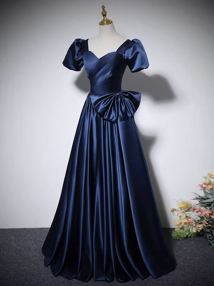 Navy blue pleated long satin ball gown prom dress