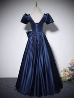 Navy blue pleated long satin ball gown prom dress