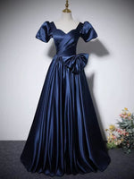Navy blue pleated long satin ball gown prom dress