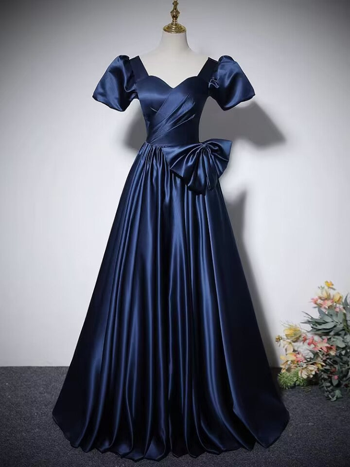 Navy blue pleated long satin ball gown prom dress