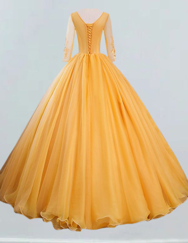 Gold v neck long ball gown lace applique wedding prom dress gown
