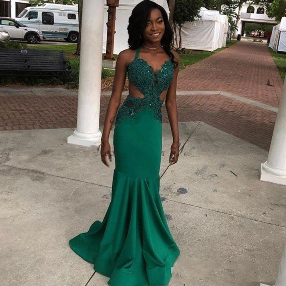 Straps green lace applique beads mermaid long prom dress formal gown