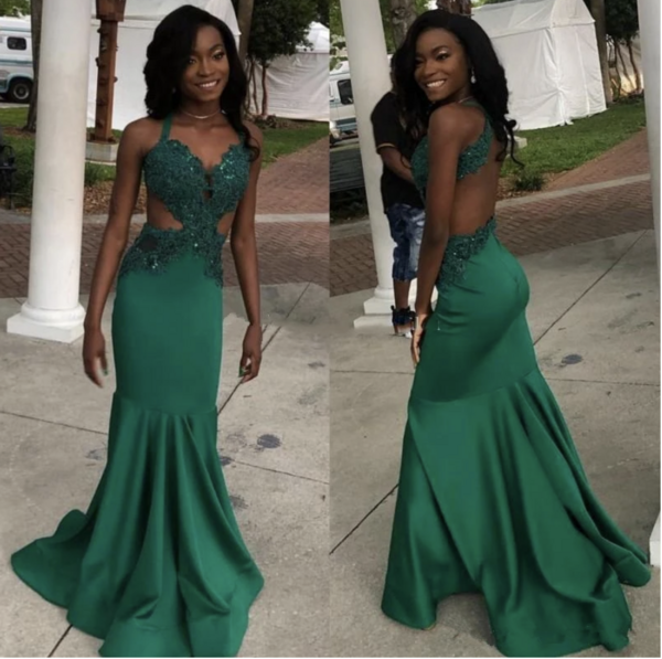 Straps green lace applique beads mermaid long prom dress formal gown