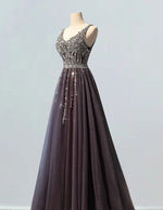 Gray v neck straps beaded prom dress crystal rhinestone long tulle ball gowns evening formal dress