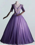 Elegant Purple V-Neck Tulle Prom Dress | Lace Applique Sleeves | Evening Gown