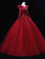 Burgunday long sleeve tulle ball gown,lace applique beaded evening gown