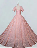 Plus Size Pink Sequin Prom Gown with Puffy Sleeves, Boat Neck, Elegant Evening Dress