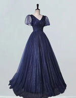 Navy blue beaded evening dress gown pleated long ball gown floor length party dress gown