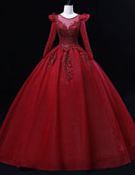 Burgunday long sleeve tulle ball gown,lace applique beaded evening gown