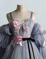 Grey blue straps detachable sleeve pleated pink lace applique long tulle prom dress ball gown evening party dress