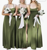 Green spaghetti strap slit long evening dress,chiffon floor length bridesmaid dress