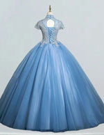Women's Elegant Blue Tulle Lace Applique Ball Gown | Prom & Bridesmaid Dress